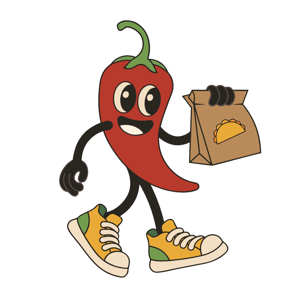 The Wandering Chile mascot: a smiling red chile in yellow sneakers, carrying a taco bag